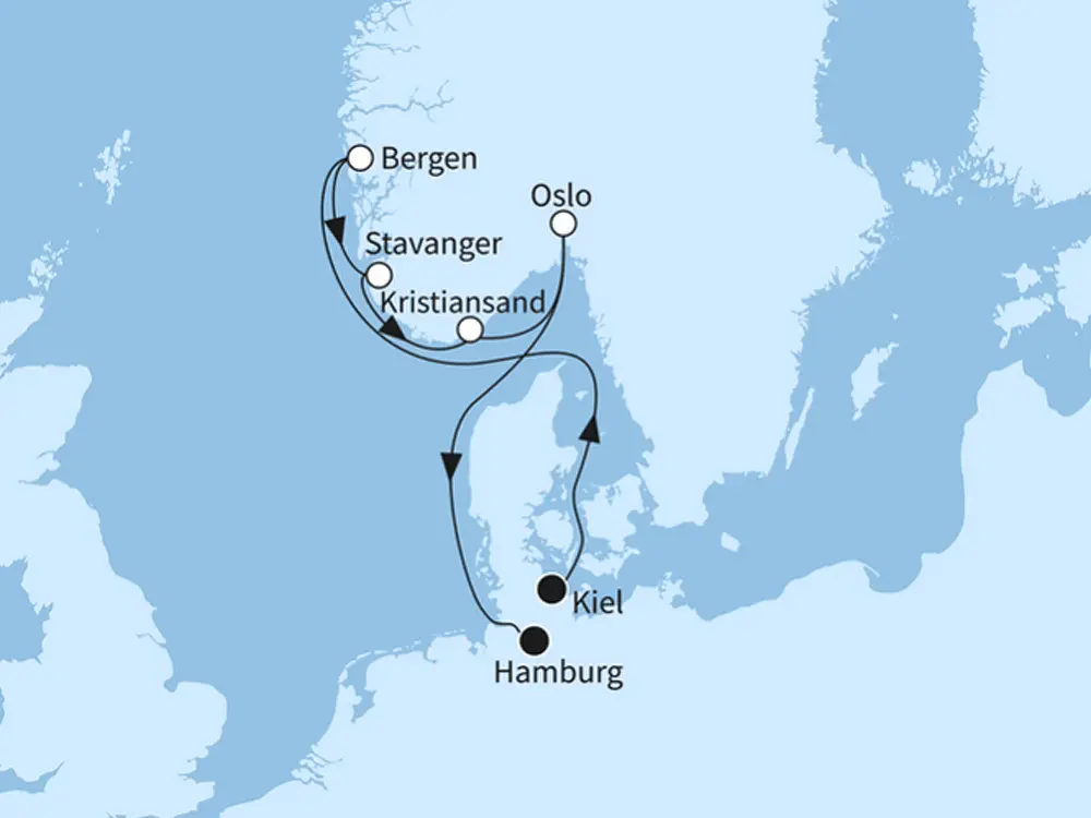 Vielfalt Norwegens - ab Kiel/bis Hamburg - Routenbild